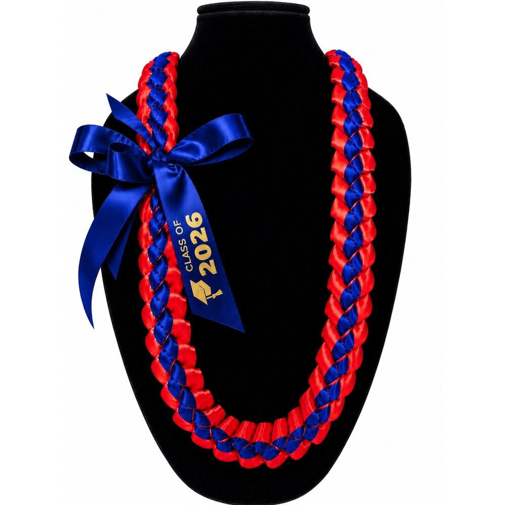 Red & Royal Blue Graduation Lei Class of 2026 | Handmade Ribbon Lei